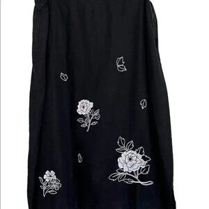 Vintage United Apparel Skirt Women Large Black Linen Embroidered Floral A-Line